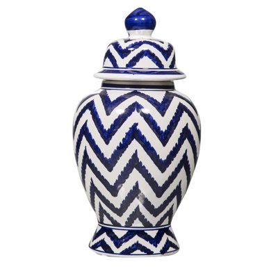 Ceramic Ginger Jar: Blue and White Chevron Pattern. Coastal style decor.