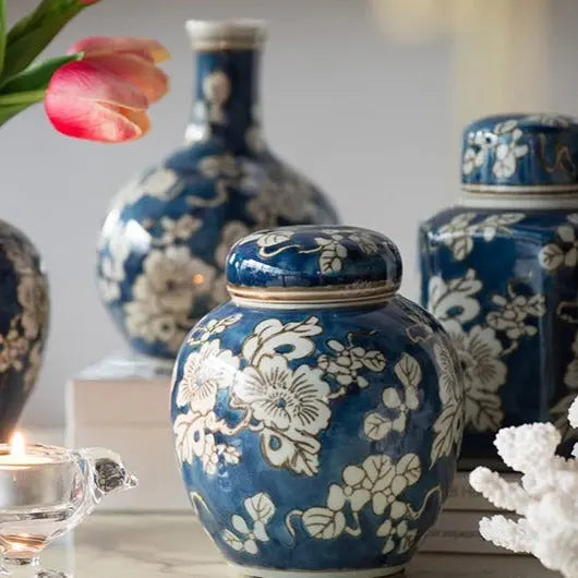 Ceramic Ginger Jar Set styling with varied heights and blue floral patterns.