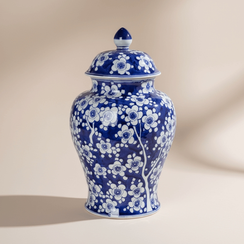 Ceramic Ginger Jar with Floral Blossom Pattern and Cobalt Blue Glaze.