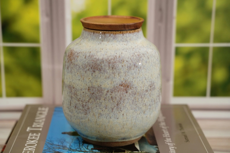 Ceramic Jar Mottled Opal Glaze Flat Wood Lid Bulbous Silhouette