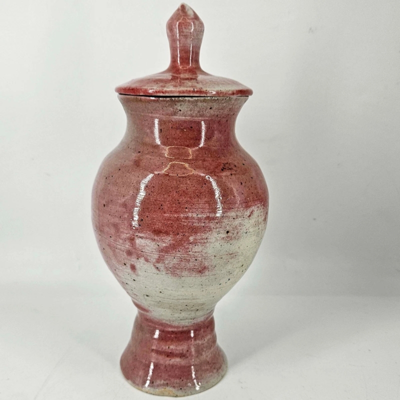 Ceramic Jar, Mottled Pink Glaze, Pointed Finial Lid, Pedestal Base.