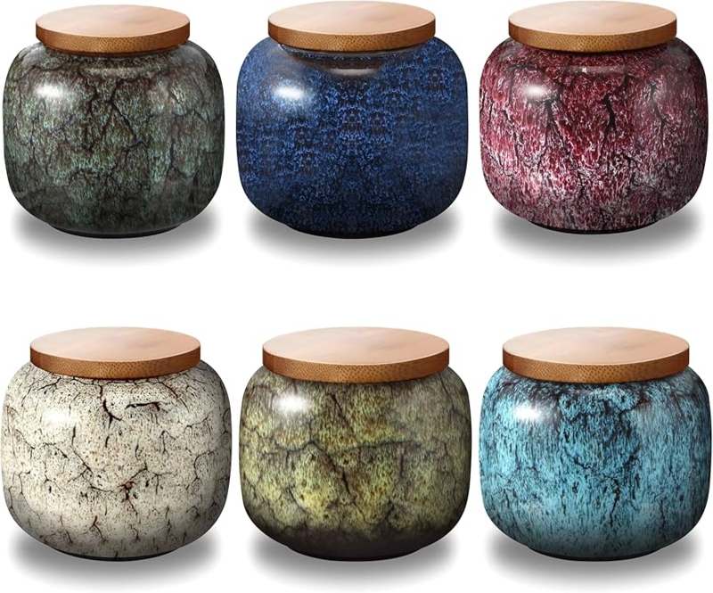 Ceramic Jar Set: Mini Scale Keepsakes with Crackle Glaze and Wood Lids