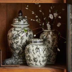 Ceramic Jar Set with Dark Floral Print, Cream and Brown Farmhouse Style.