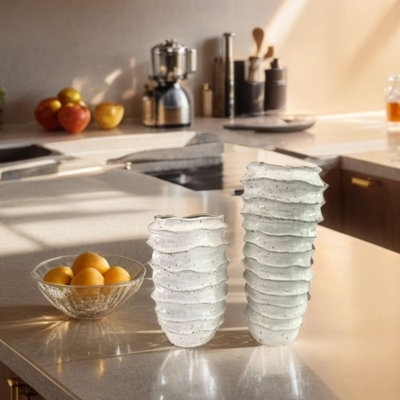 Ceramic Table Vase Set White Wavy Ribbing Ruffled Texture Tiered