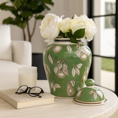 Ceramic Temple Jar Sage Green Pear Motif Botanical Print Ginger Vase