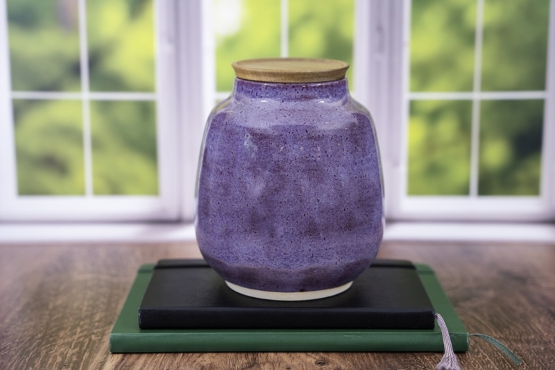 Ceramic Urn, Handmade Iris Purple Glaze, Wooden Lid Pet Memorial