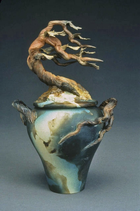 Ceramic Urn Wind Swept Tree Lid Root Like Handles Mottled Teal Glaze
