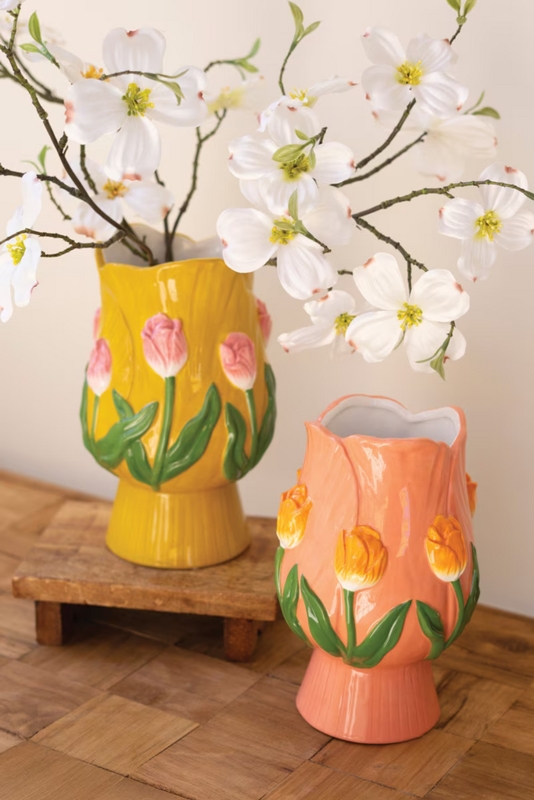 Ceramic Vase, Embossed Tulip Motif and Scalloped Rim, Whimsical Decor