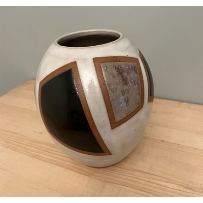 Ceramic Vase, Geometric Panels, Mixed Glaze Textures, Globular Form.