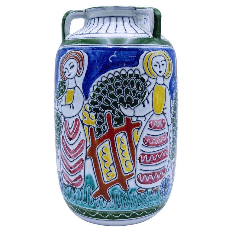 Ceramic Vase: Hand Painted Folk Art Urn, Dual Handles, Norwegian pottery.