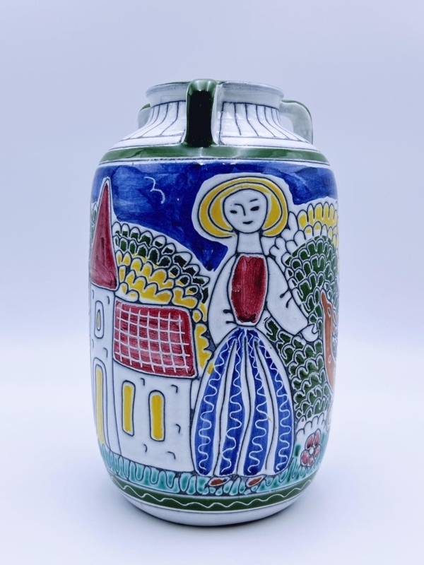 Ceramic Vase: Scandinavian Folk Art, Hand-Painted Landscape, Dual Handles.