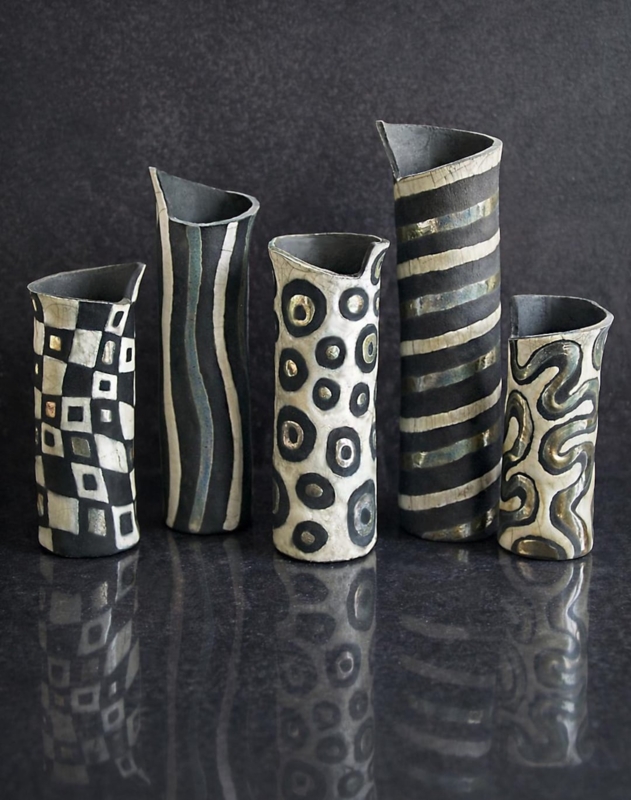 Ceramic Vase Set Cylinder Black White Gold Geometric Slanted Rims
