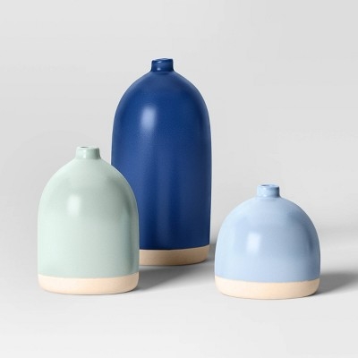 Ceramic Vase Set of 3 Tri-Color Unglazed Base Graduated Heights