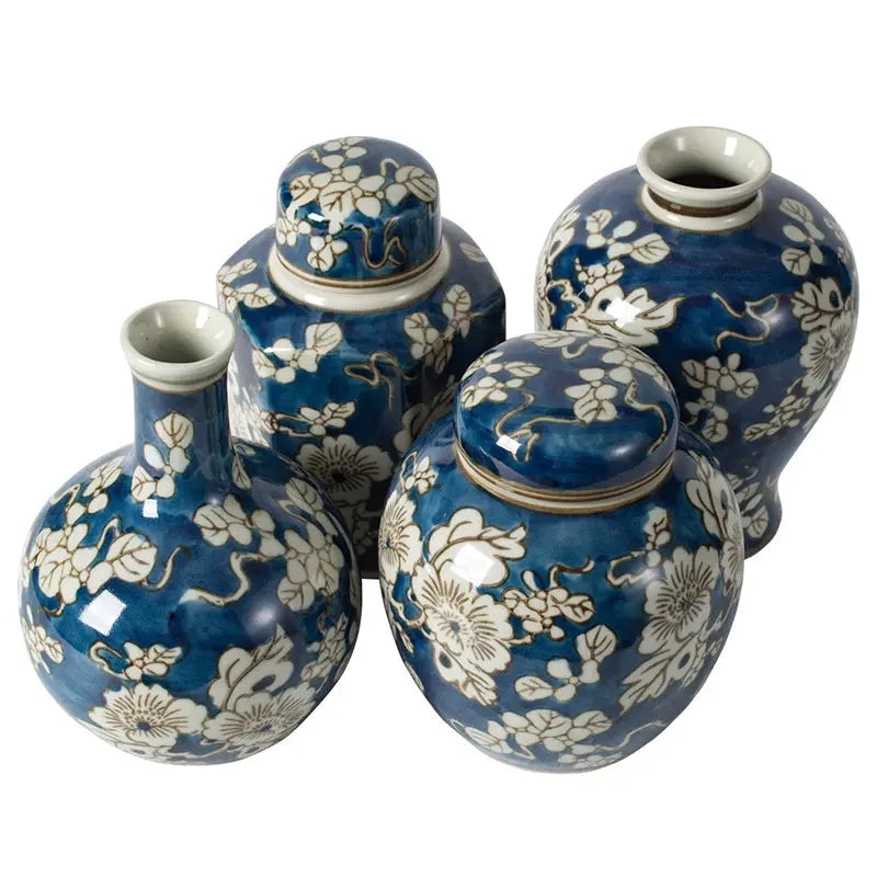 Ceramic Vase Set of 4 Hand Painted Chinoiserie Floral Varied Shapes