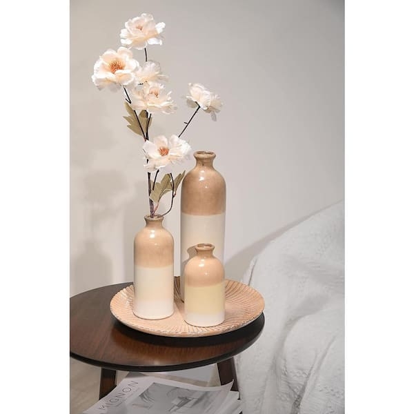 Ceramic Vase Trio with Two-Tone Dip Glaze and Matching Tray Base
