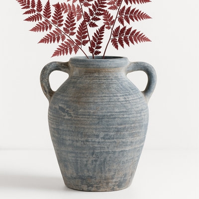 Ceramic Vase: Weathered Blue, Two-Handled, Ribbed