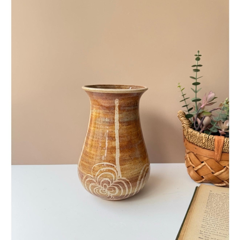 Ceramic Vase White Floral Motif Amber Glaze Handcrafted Silhouette