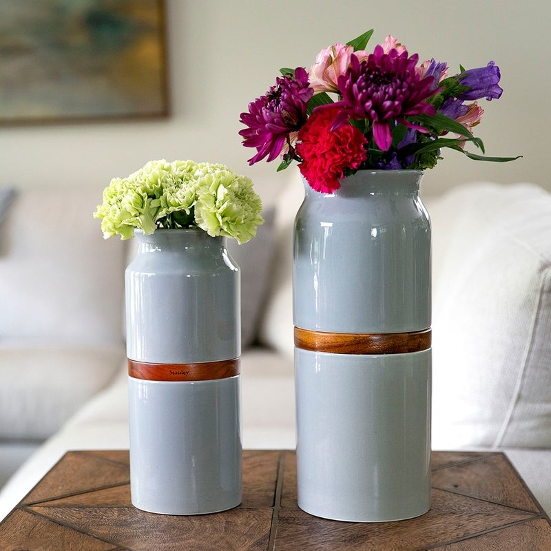 Ceramic Vases: Glossy Gray with Wood Accent Band