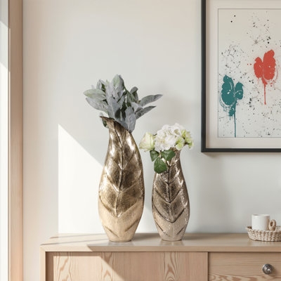 Ceramic Vases Set featuring Leaf Inspired Shape and Textured Gold Finish