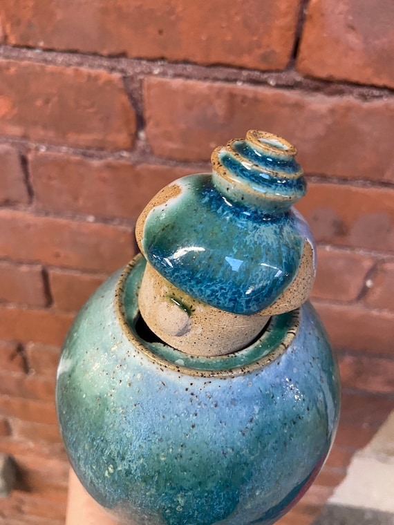 Ceramic Vessel Tiered Lid Oceanic Reactive Glaze Speckled Clay Body