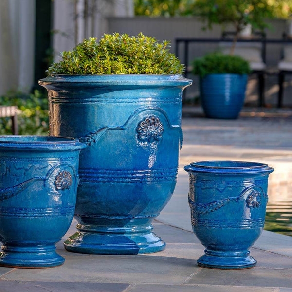 Cerulean Blue Glazed Urn Planters, Tiered Garden Set