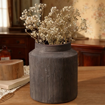 Charcoal Ribbed Vase Distressed Texture Earthy Vintage Home Accents