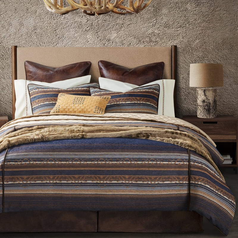 Chenille Bedding Set, Blue & Tan Southwestern Diamond Pattern