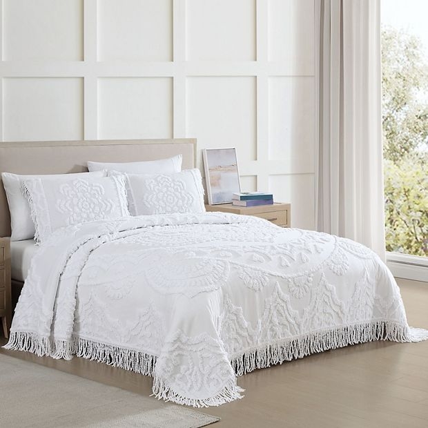 Chenille Lotus Bedspread, Fringed Trim - Vintage Style