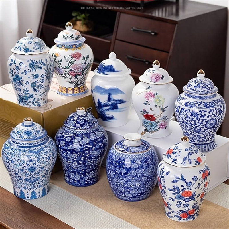 Chinoiserie Ceramic Jar Collection with mixed patterns and gold-tipped lids.