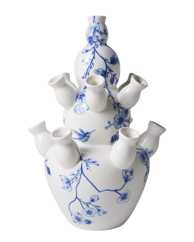 Chinoiserie Triple Gourd Vase Blue White Ceramic Bird Motif