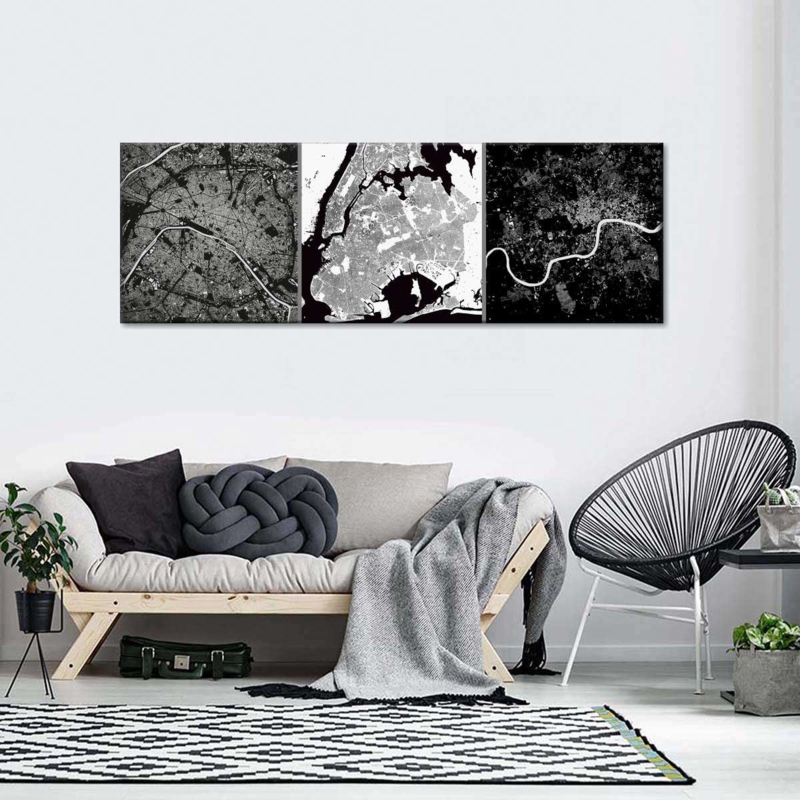 City Map Triptych: Black And White Prints Set for Minimalist Decor