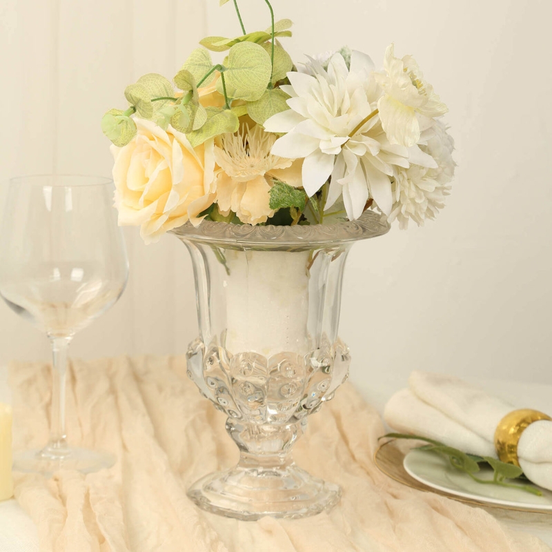 Classic Clear Glass Urn Vase Flared Opening Scalloped Rim Pedestal
