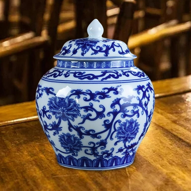 Classic Floral Ceramic Temple Jar with pointed bud finial.