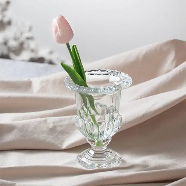 Classical Urn Vase with Ribbed Glass, Scalloped Rim, Pedestal Base.