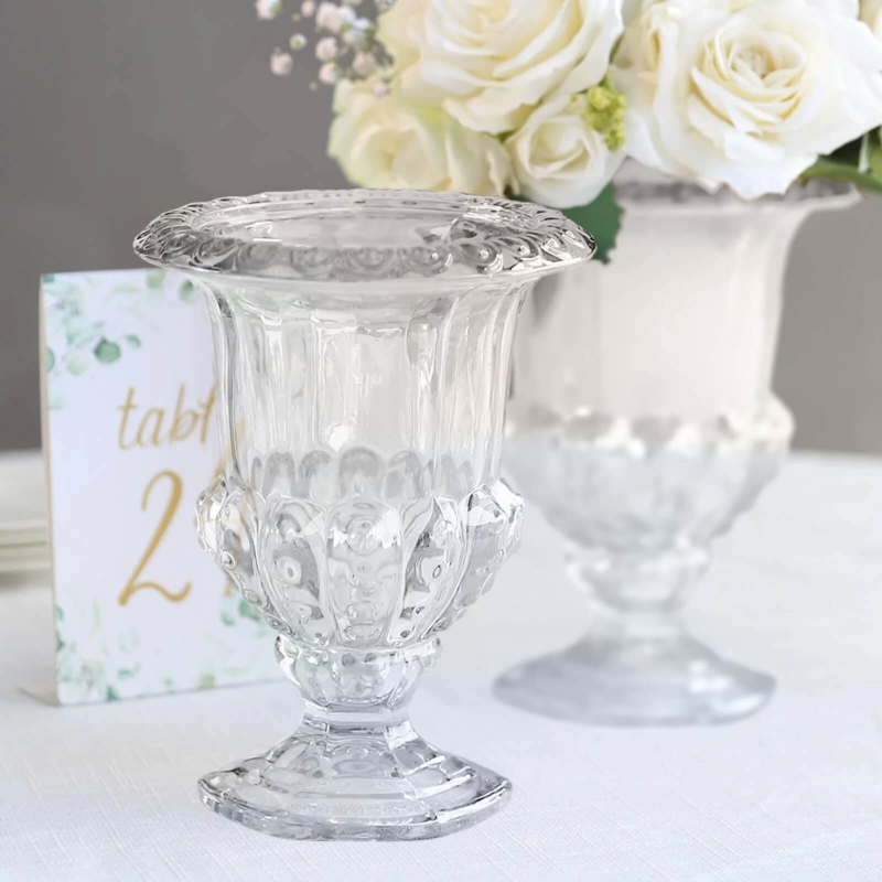 Clear Fluted Glass Vases Scalloped Rim Pedestal Classic Roman Urns