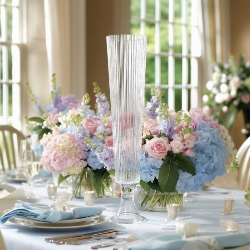 Clear Ribbed Trumpet Vase, Tall Glass for Pastel Blue Event Table Decor