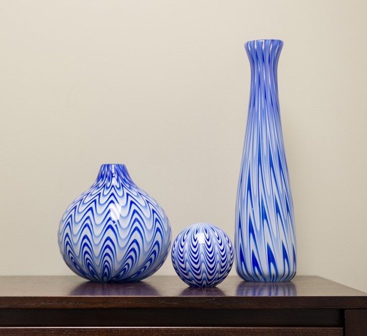 Coastal Art Glass Decor Trio: Royal Blue Chevron, Spherical Form.