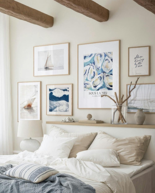 Coastal Gallery Wall Exposed Rustic Beams Floating Shelf Scandi Decor
