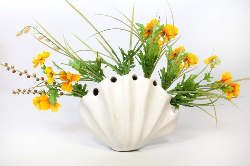 Coastal Shell Vase Decor White Ceramic Multiple Stem Holes