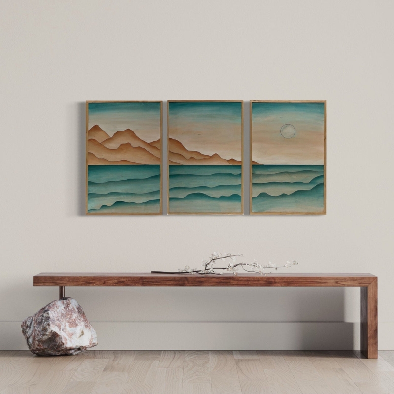 Coastal Wall Art Set, Stylized Ocean Theme Landscape Triptych
