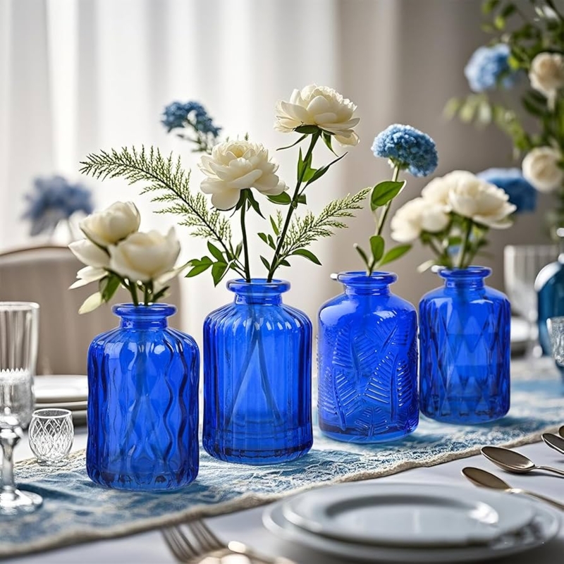 Cobalt Blue Glass Bud Vases Set, Assorted Textures Coastal Dining Decor