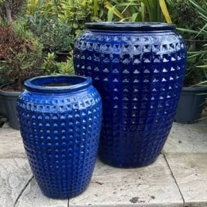 Cobalt Blue Glazed Garden Pots, Raised Studded Texture