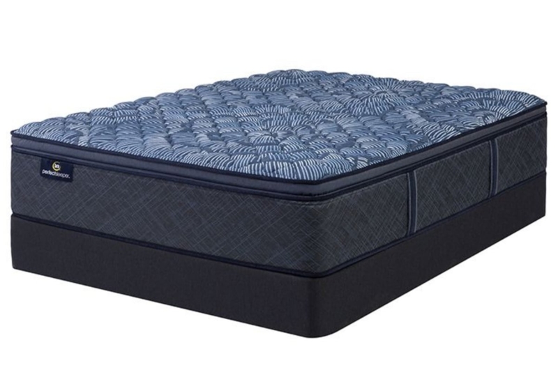 Cobalt Blue Pillow Top Mattress, Wavy Quilted Surface, Upholstered Set.