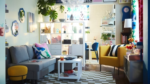 Colorful Eclectic Living Room Layout with Checkered Rug & Room Divider