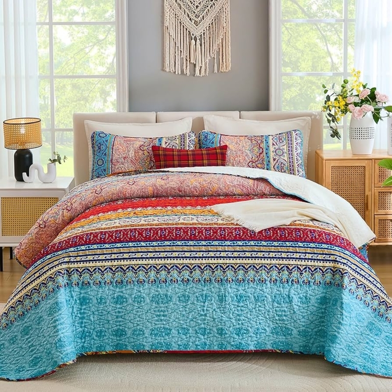 Colorful Geometric Quilt Set, Bohemian Striped Pattern, Vibrant Coverlet.