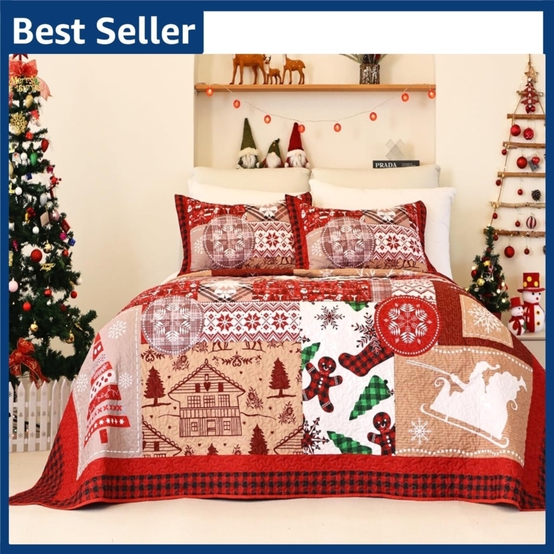 Comforter Set: All Over Quilting in Saturated Red Palette for Farmhouse Style