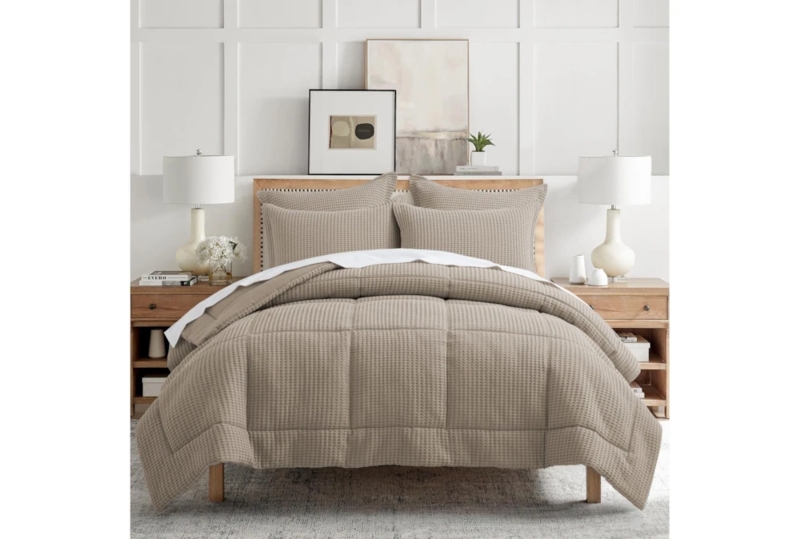 Comforter Set Beige Quilted Squares Waffle Pattern Minimalist Coastal