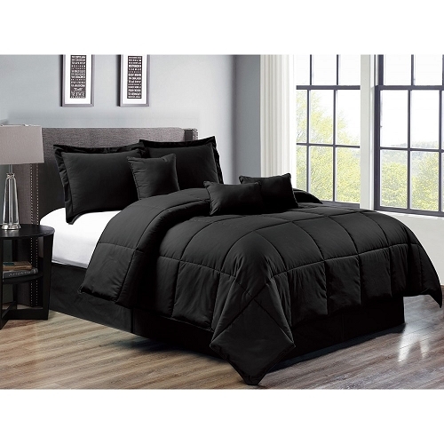 Comforter Set: Black High Loft with Pleated Bed Skirt, Coordinated Bedding
