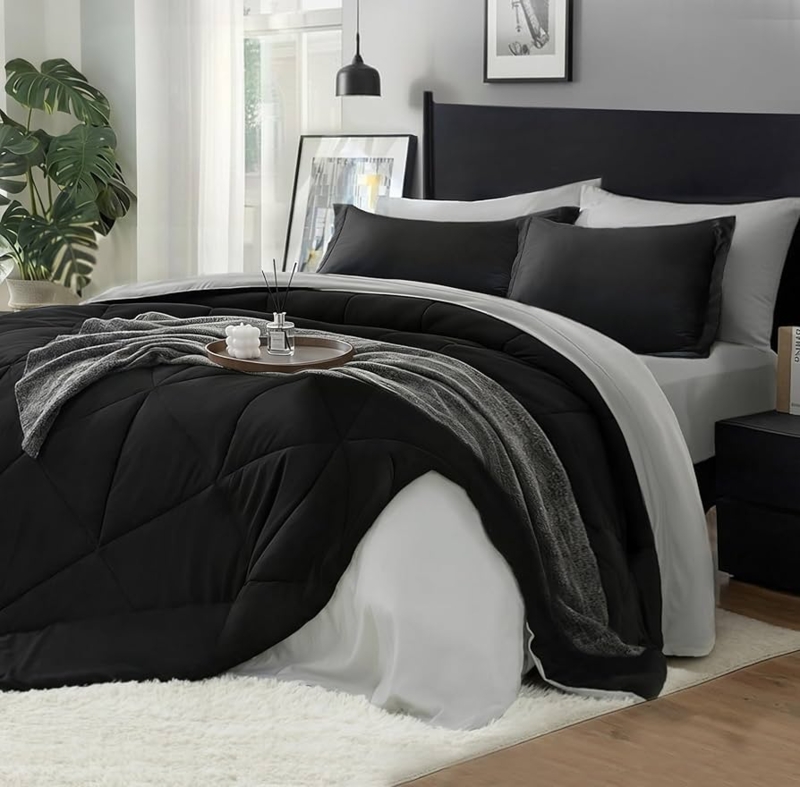 Comforter Set Black Microfiber Matte Reversible Minimalist