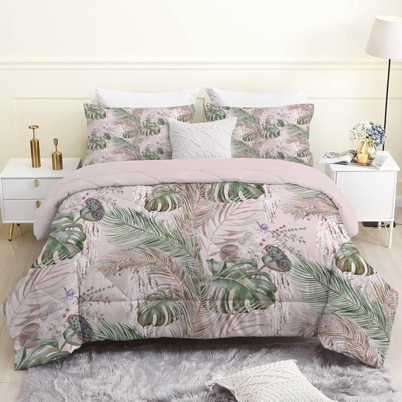 Comforter Set Blush Pink Botanical Palm Leaf Tropical